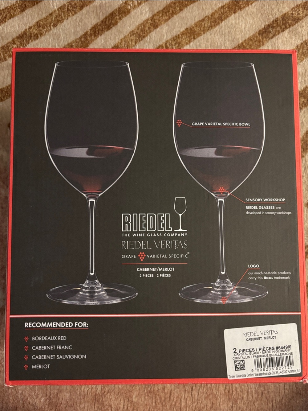 Riedel Veritas Cabernet/Merlot Wine Glasses with Red Accents